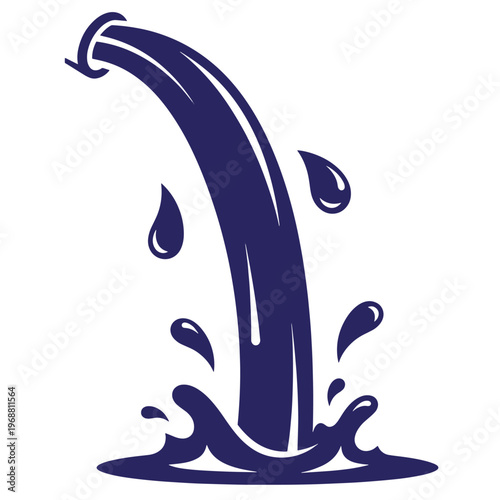Dark blue of a thick liquid stream pouring from a pipe with splashing droplets and a puddle at the base isolated on a white background