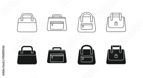 Variations of handbags with different designs and features shown in outline and filled styles Vector