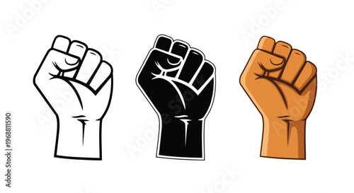 Three fists raised in solidarity and empowerment across different visual styles Vector