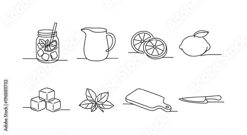 LEMONADE MASON JAR REFRESHMENT. Minimalistic set one-line drawing mason jar with lemonade, lemon slices, mint