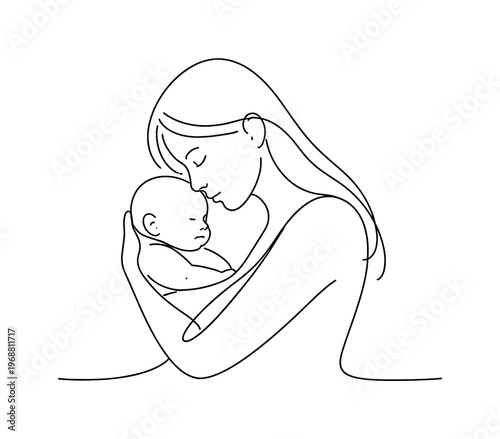 Mother and Child. Minimalistic one-line drawing mother lovingly holding a baby with heads close together,