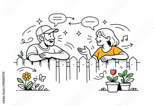 Neighbors talking fence flat. Two neighbors chatting over a garden fence, relaxed posture, friendly smiles,
