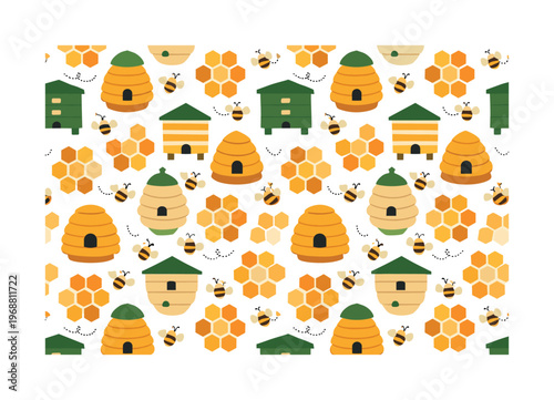 beehives and honeycombs, seamless pattern, repeating pattern, surface design, textile print, soft color