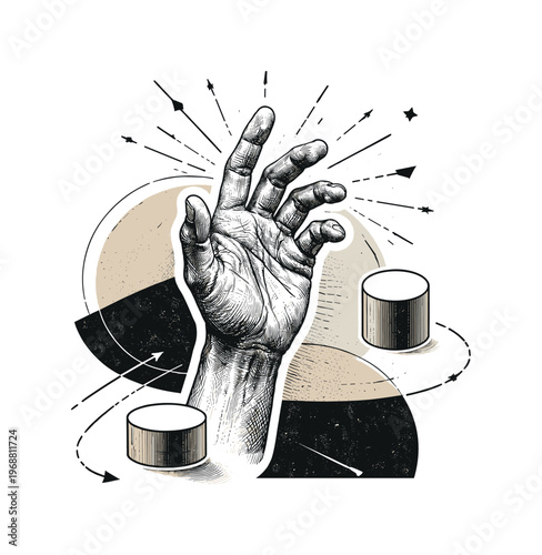 Conceptual black ink hand study composition with a detailed hand as the focal point, black and white ink-drawn