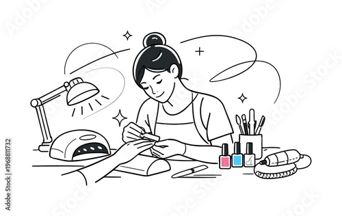 Professional nail art setup. Manicurist working at table with lamps and tools, abstract lines highlighting