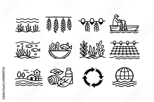 Seaweed farming for sustainable food and materials. Line outline icon set of Seaweed farming for sustainable