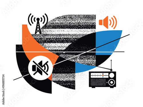 Retro Radio Collage. Abstract graphic collage featuring retro radio static as a textural surface, black and