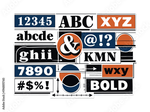 Retro type specimen poster portrayed as a graphic typographic showcase, black and white vintage letterforms