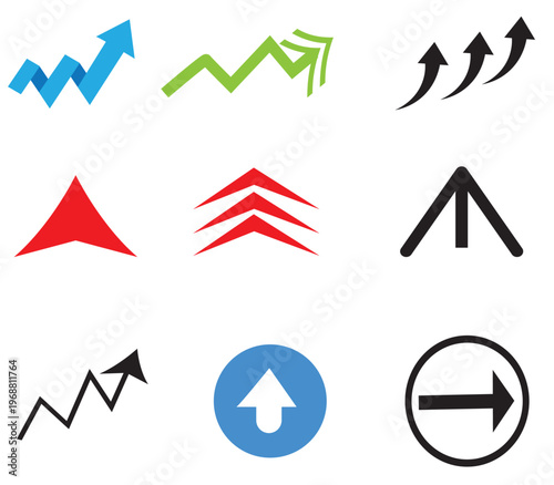 Set of various up arrows and growth charts, colorful vector elements for business success