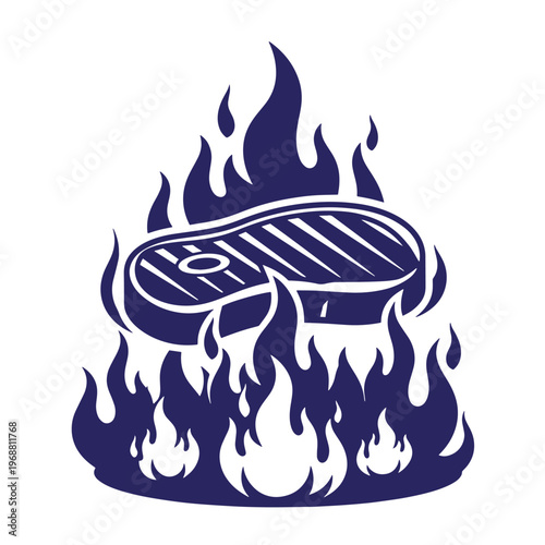 Dark blue silhouette of a grilled beef steak with visible sear marks floating above stylized flickering flames on a white background