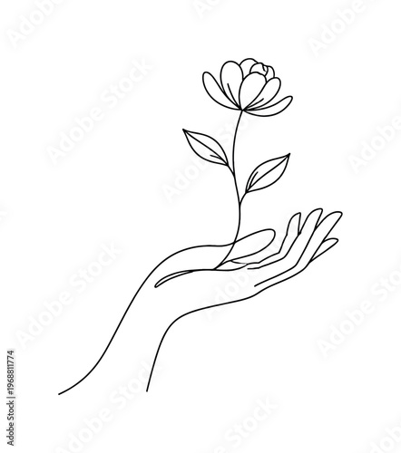 Graceful Hand Flower. Nature Offering. Minimalistic one-line drawing graceful hand presenting a blooming