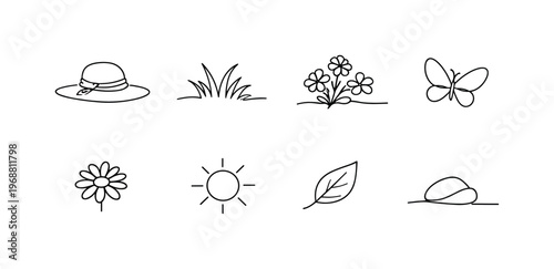 COUNTRYSIDE STRAW HAT SCENE. Minimalistic set one-line drawing straw hat, grass patch, flower cluster, daisy,