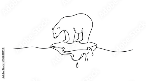 Wildlife at Risk. Minimalistic one-line drawing polar bear standing on a shrinking ice form expressing