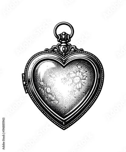 Vintage silver locket presented as a delicate silhouette with faint internal detail revealed through halftone