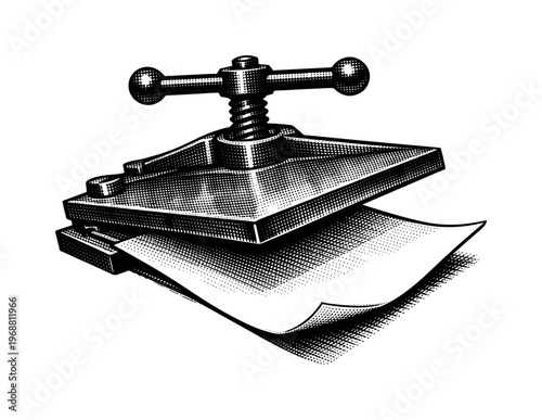 A single sheet of paper being pressed under a printing plate, captured mid-action with slight tilt, depicted