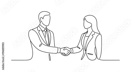 Corporate Support Culture. Minimalistic one-line drawing handshake between business figures symbolizing trust