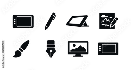 Illustration Tablet Setup. Filled icon set of Illustration Tablet Setup: tablet device, stylus pen, drawing