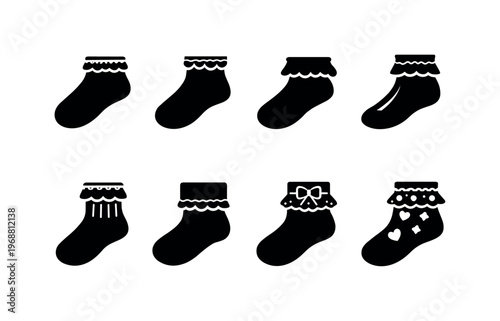 Lace Trim Socks Collection. Filled icon set of Lace Trim Socks Collection: ankle socks, lace edge socks, frill