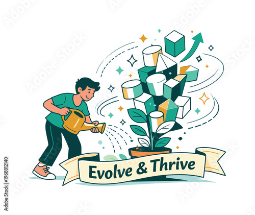 Growth Mindset Illustration. A person watering a plant that transforms into abstract geometric shapes reaching