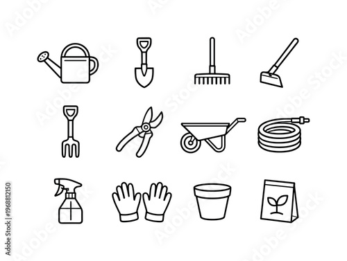 Gardening tools set. Line outline icon set of Gardening tools set: watering can, shovel, rake, hoe, garden