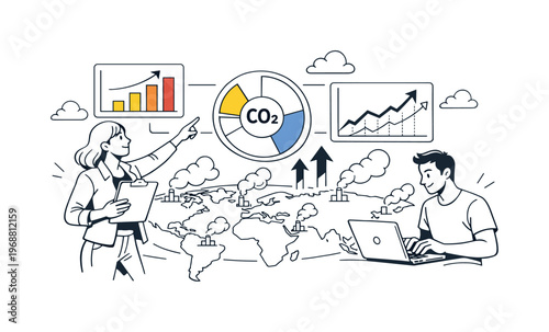 Tracking global carbon emissions. Data panels and graphs hovering over continents, steady analysis and