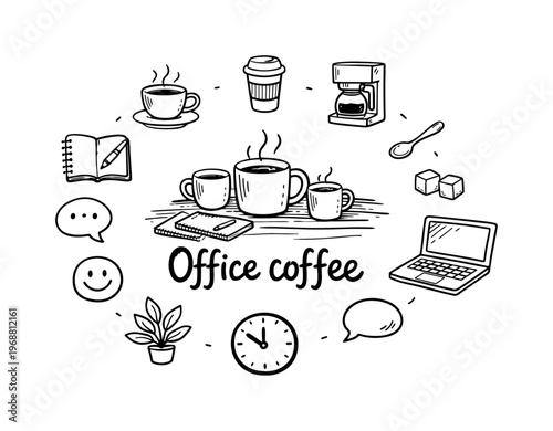 Office coffee culture. Hand-drawn doodle illustration of office coffee culture. In the middle, one slightly
