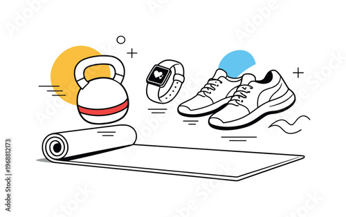 Home fitness equipment. Yoga mat unrolled with kettlebell, sneakers, and smartwatch hovering gently above,