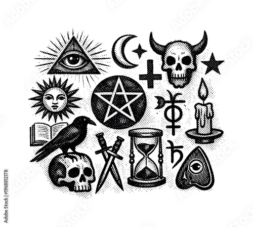 Occult Symbol Collage. Collection of occult hand-drawn symbols arranged loosely as a single clustered graphic,