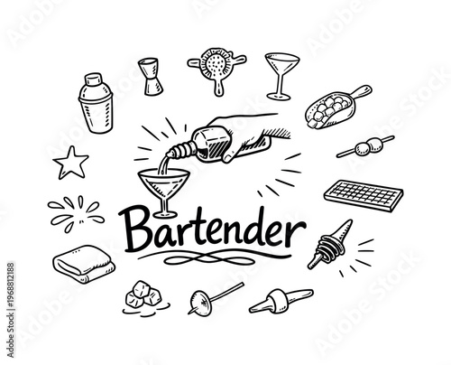 Bartender pouring. Hand-drawn doodle illustration of bartender pouring. In the middle, one slightly larger