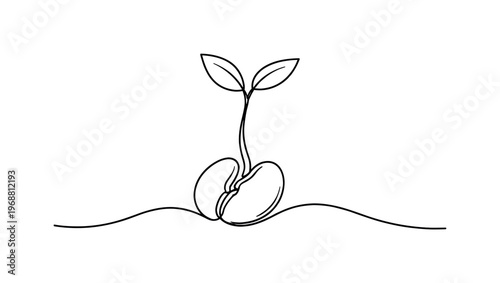 "Emerging Sprout". Minimalistic one-line drawing young sprout rising from cracked seed with minimal soil curve