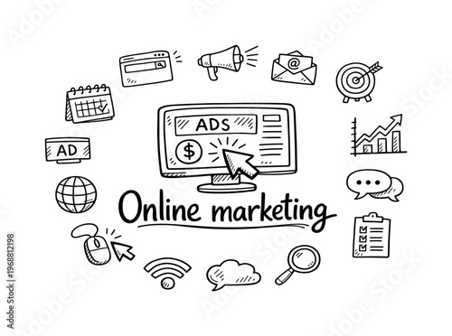 Online marketing. Hand-drawn doodle illustration of Online marketing. In the middle, one slightly larger