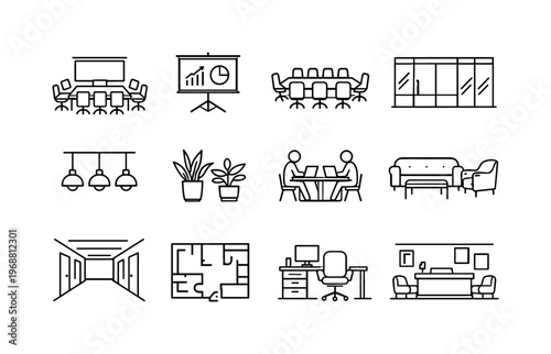 Business interiors. Line outline icon set of Business interiors: conference room, presentation screen,