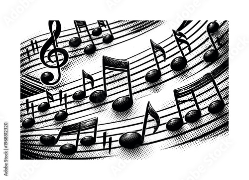 A close-up of musical notes and staff lines tightly cropped into abstract rhythm patterns, depicted in black