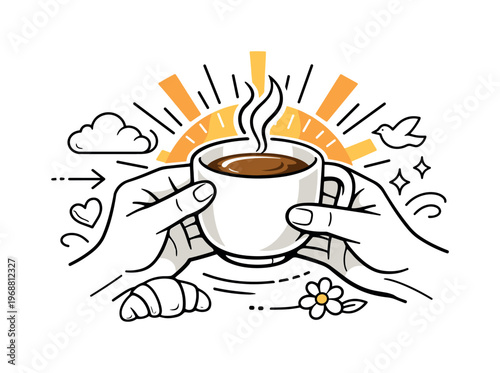 Warm sunrise moment. Close-up of hands holding a coffee cup with sunlight beams behind, soft glow and minimal