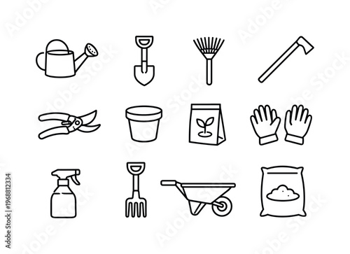 Spring garden tools. Line outline icon set of Spring garden tools: watering can, shovel, rake, hoe, pruning