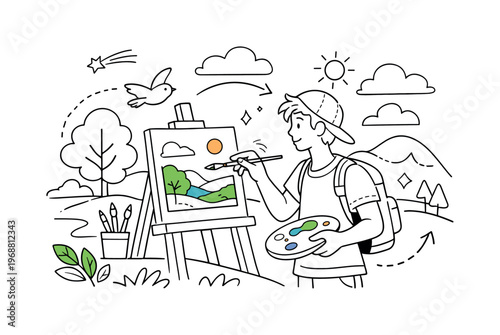 A young artist painting a nature scene on canvas outdoors. Artist standing by an easel in a natural landscape,