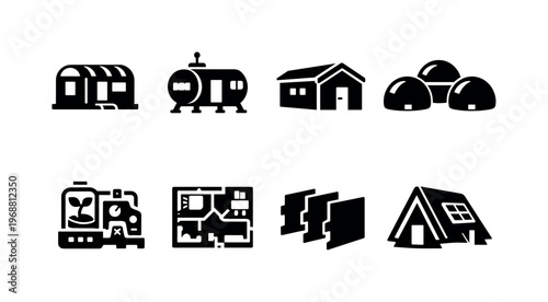 Habitat modules. Filled icon set of Habitat modules: modular habitat unit, space living module, prefabricated