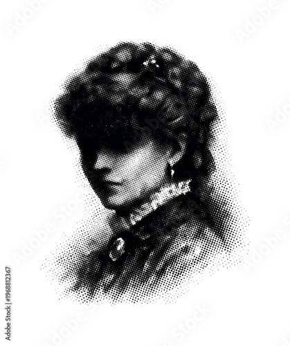 Shadowed Victorian portrait in three-quarter view, facial features softened into grain and halftone dots, eyes