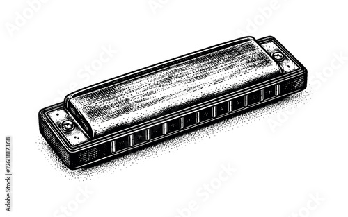 A harmonica placed at a slight angle with visible holes and surface wear, depicted in black and white halftone