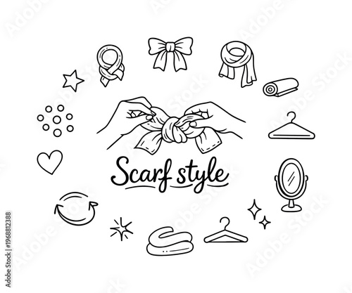 Styling scarves. Hand-drawn doodle illustration of styling scarves. In the middle, one slightly larger central