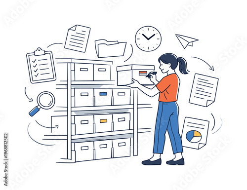 Office storage management. Worker labeling archive boxes on shelves, documents and symbols floating to suggest