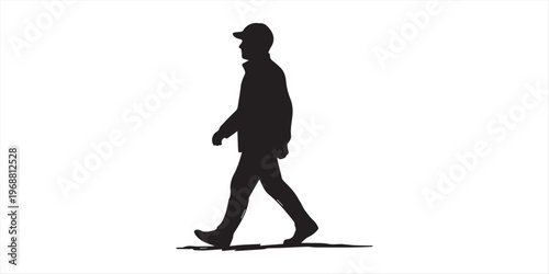 Black silhouette of man walks away on plain white background. Person moves forward with one hand in jacket pocket. Anonymous figure casts long shadow. Male body outline isolated. Simple image conveys