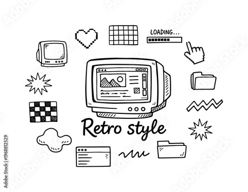 Retro web aesthetics. Hand-drawn doodle illustration of retro web aesthetics. In the middle, one slightly