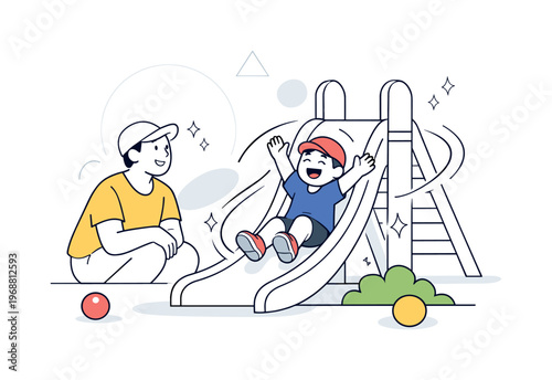 Family weekend outing. A parent watching with a smile as a child slides down, relaxed posture and warm