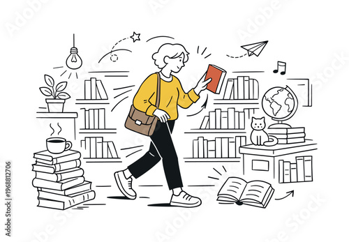 Bookstore browsing flat. Person walking between bookshelves, gently picking a book, calm and cozy atmosphere.