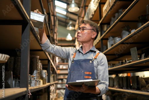 Man in apron checking inventory on shelves in a warehouse