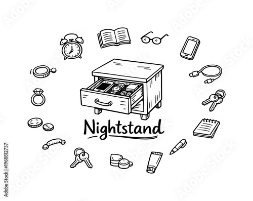 Nightstand Essentials Doodle. Nightstand drawer. Hand-drawn doodle illustration of nightstand drawer. In the