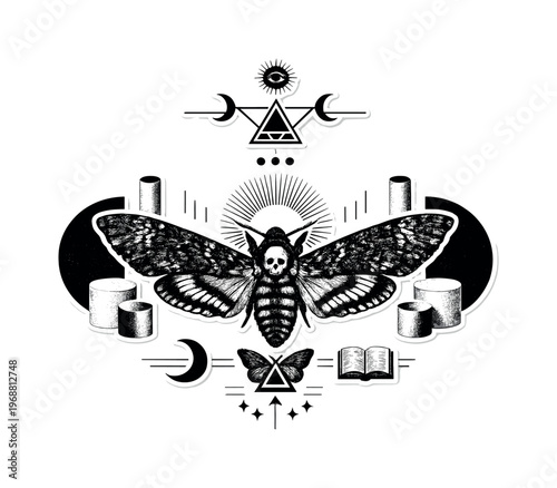 Conceptual occult moth sigil composition with the moth as a central totem, black and white engraved insect