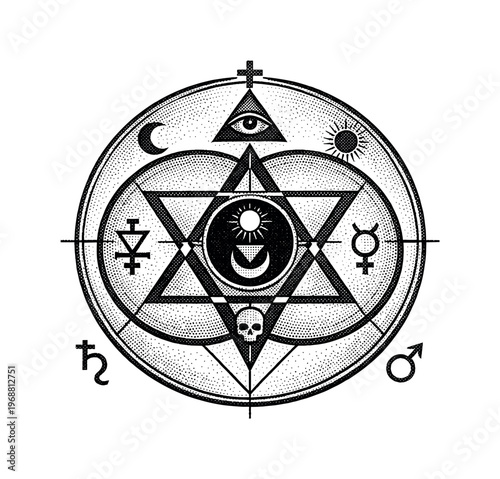 Occult geometry diagram centered as a single printed plate, intersecting circles, triangles, and lines forming