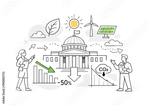 Government climate policies. Government building with leaf and energy icons floating above, charts and arrows